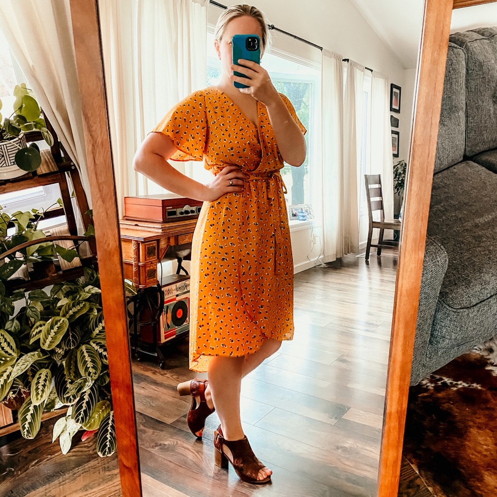 Sienna Sky mustard color dress with blue flowers